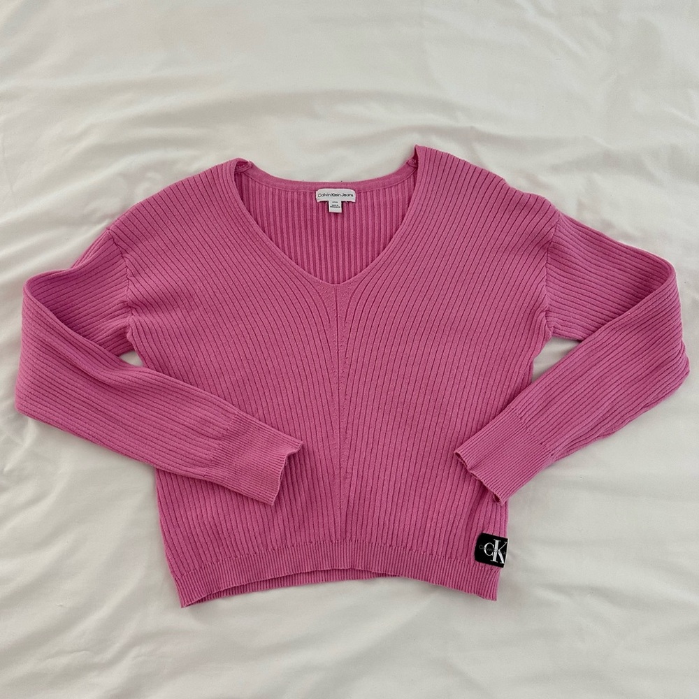 Calvin Klein pink v-neck cotton cropped sweater cotton - size Small Y2K Spring!